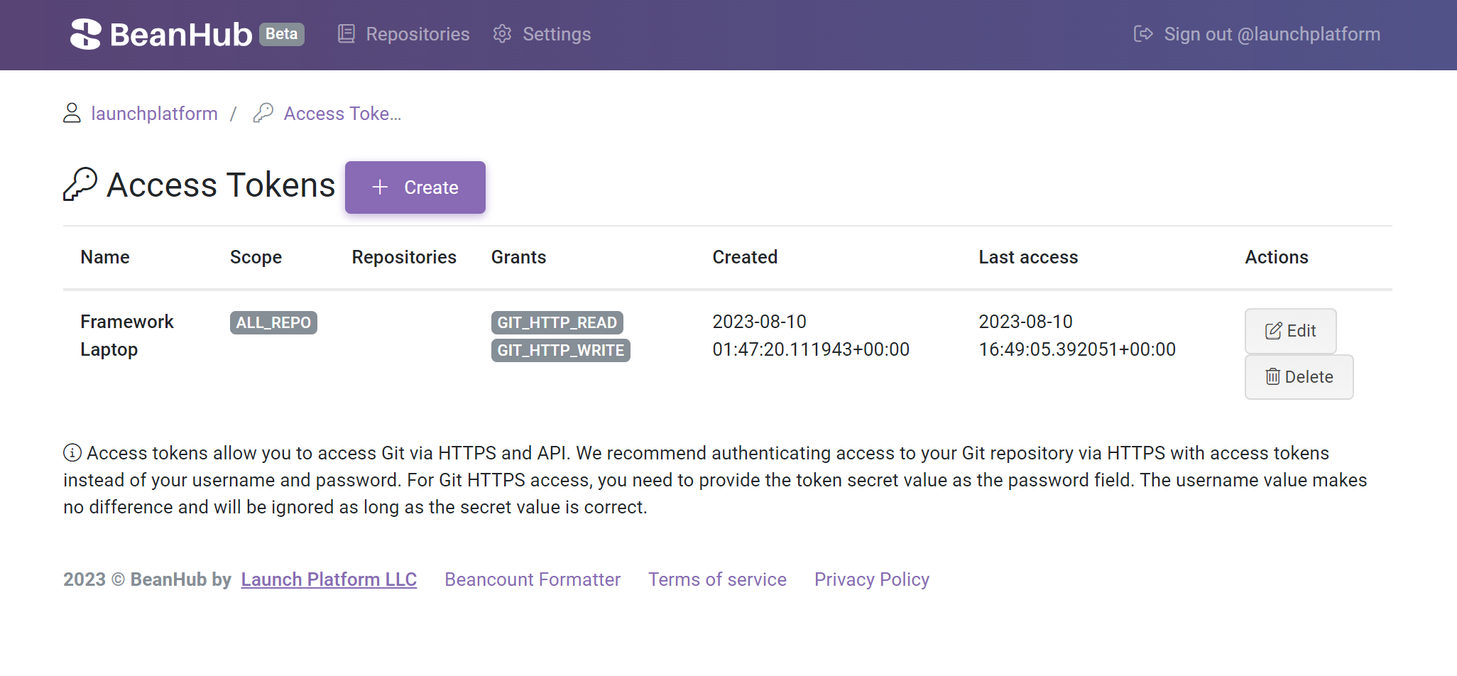 The screenshot of BeanHub Access Token management page