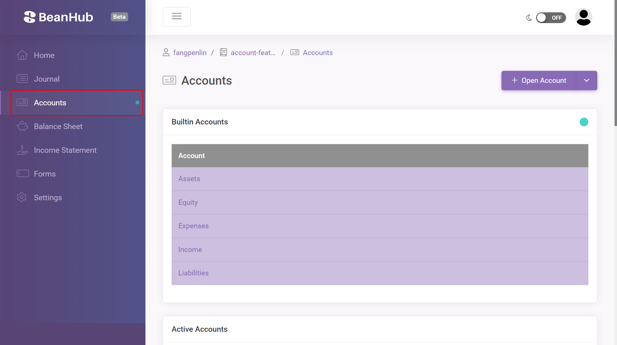 The screenshot of BeanHub Accounts page and its link in the left-hand-side menu
