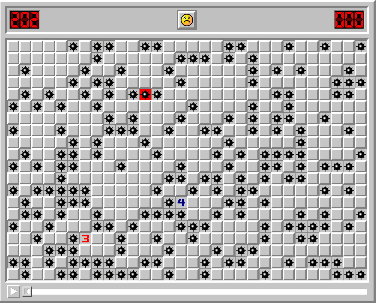 Game over screenshot of Minesweeper game with many mines on the screen