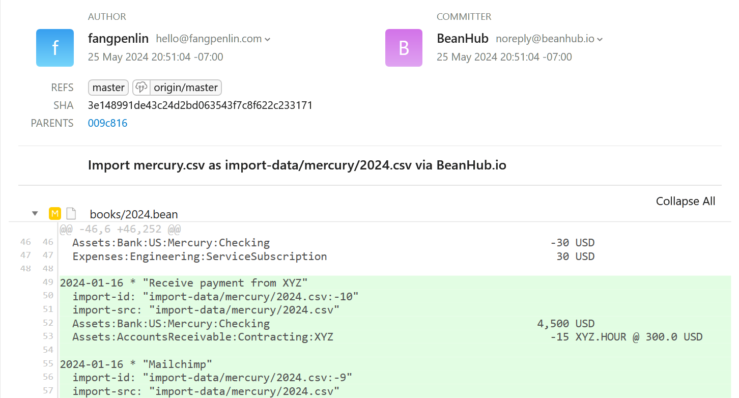 Screenshot of git diff after import