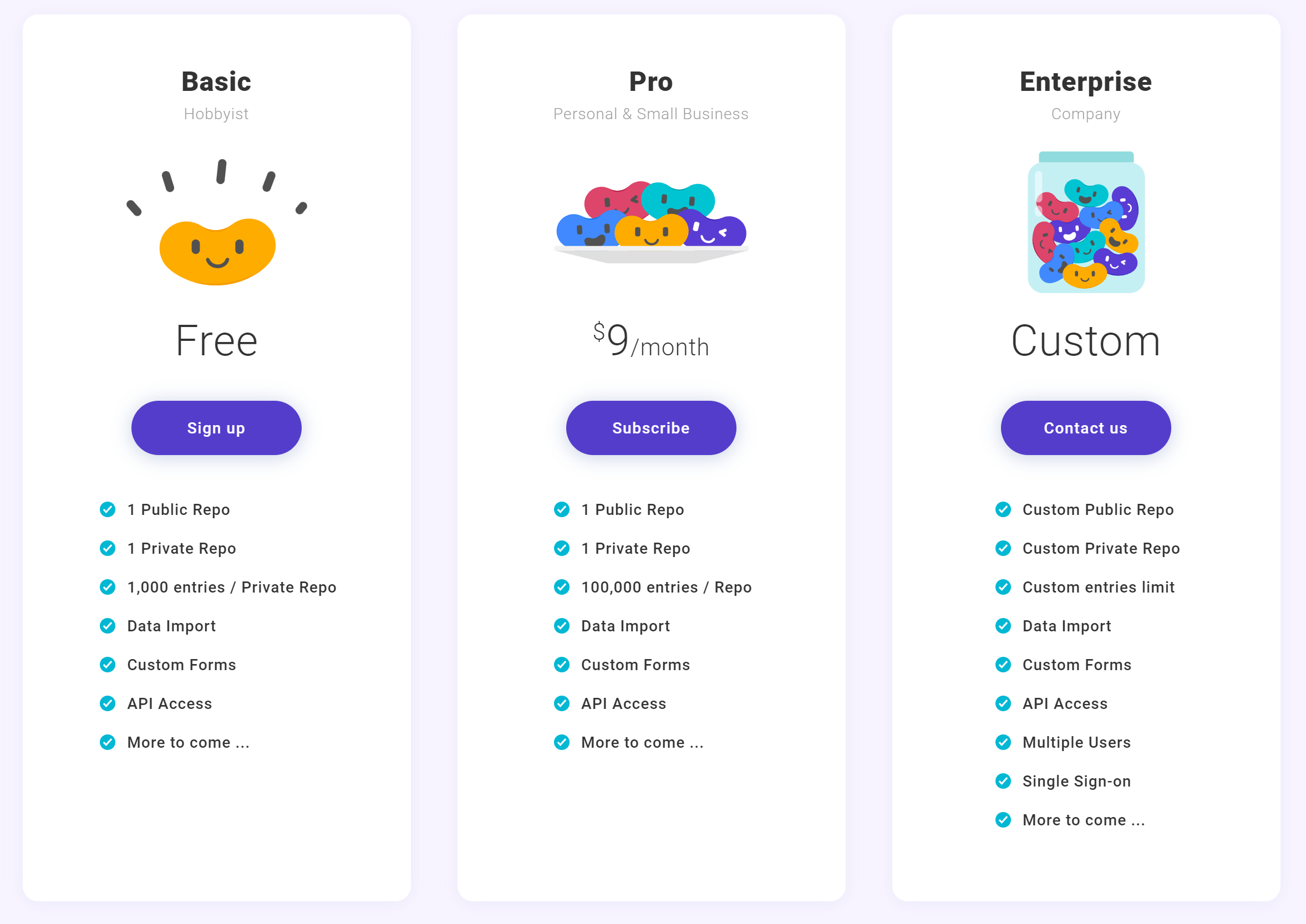 New pricing shows free users now also have one private repository with 1,000 entries limit
