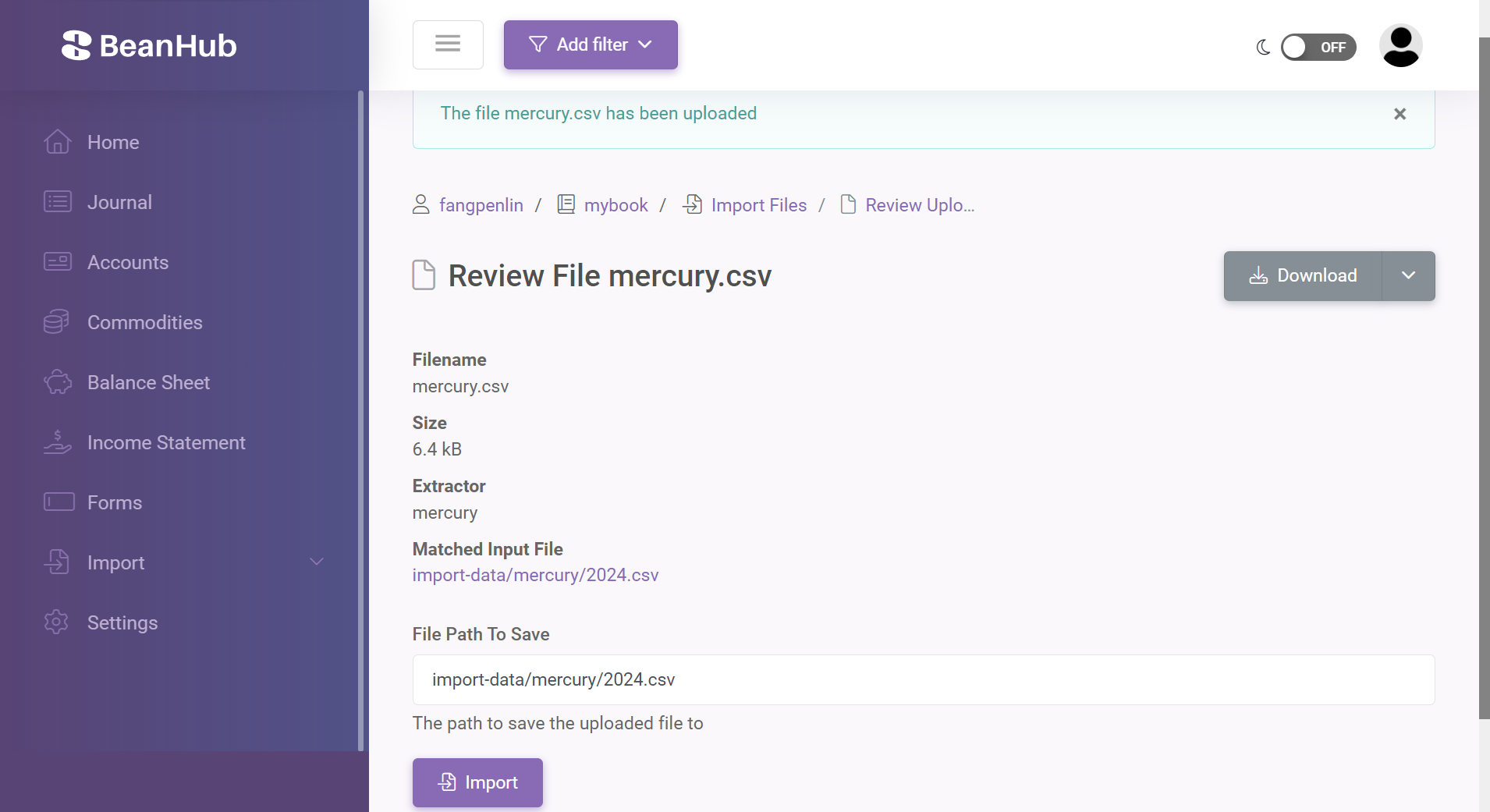 Screenshot of review import upload file