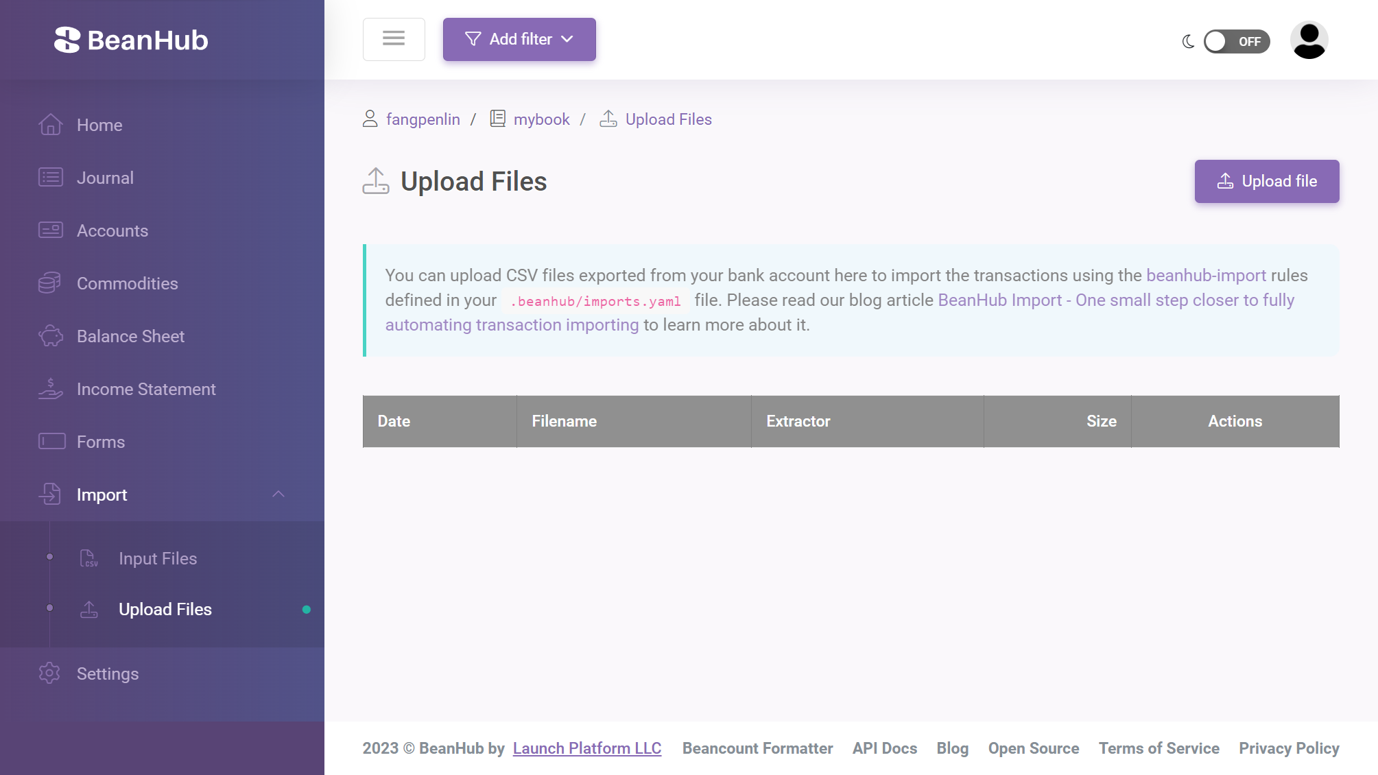 Screenshot of import upload files