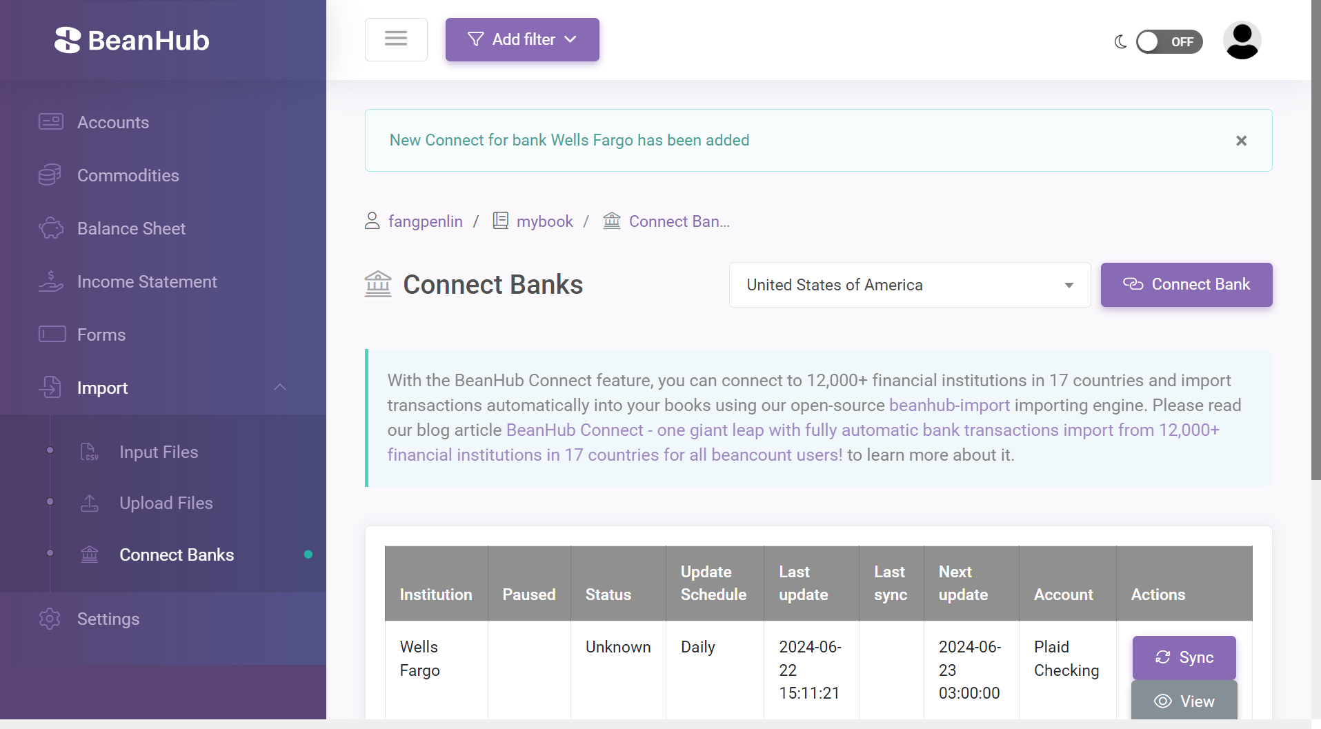 List page of BeanHub Connect with Wells Fargo bank connected