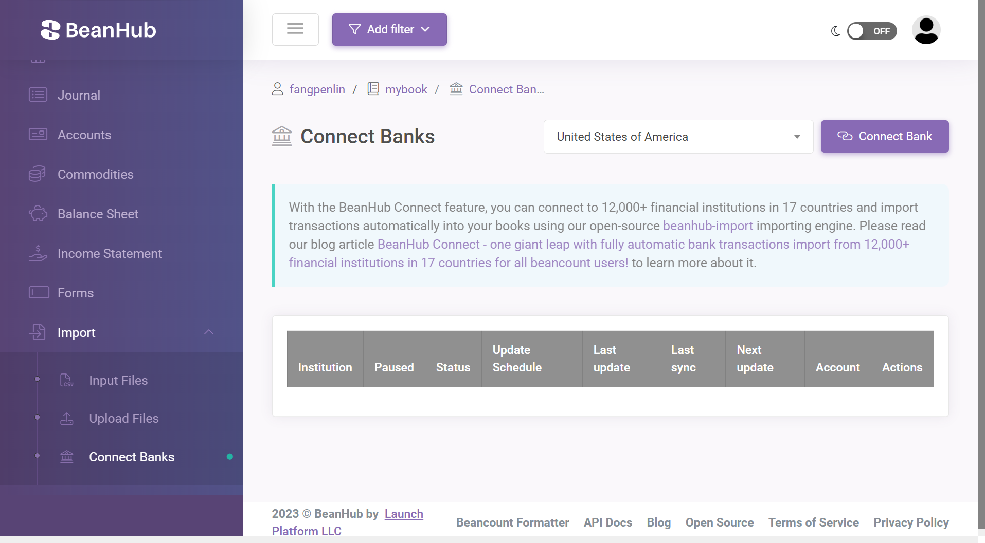 List page of BeanHub Connect connected banks