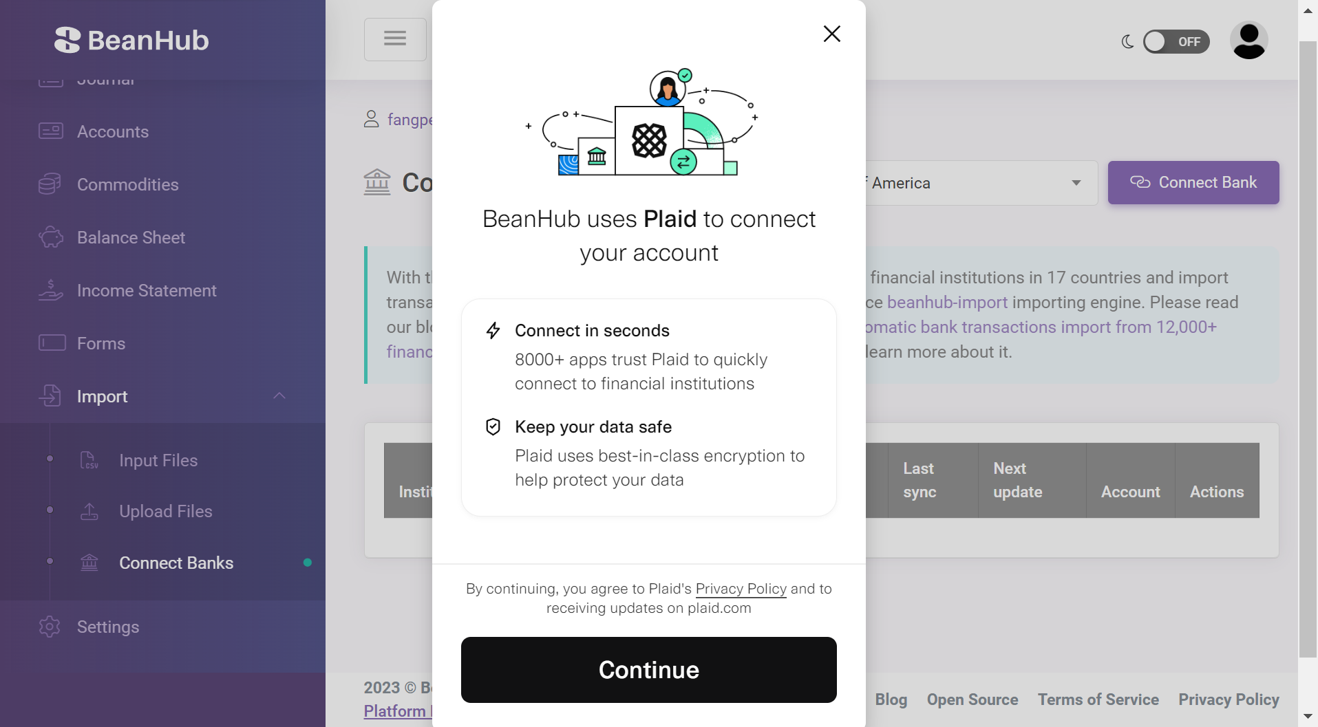 List page of BeanHub Connect connected banks with Plaid pop-up