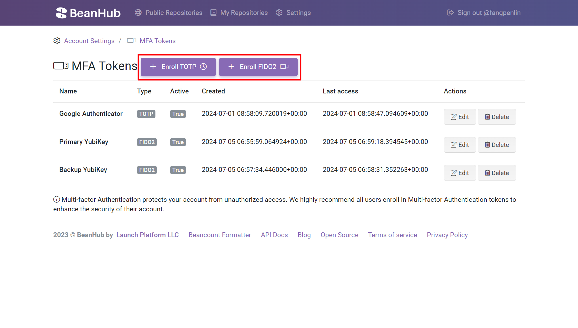 The screenshot of BeanHub MFA management page