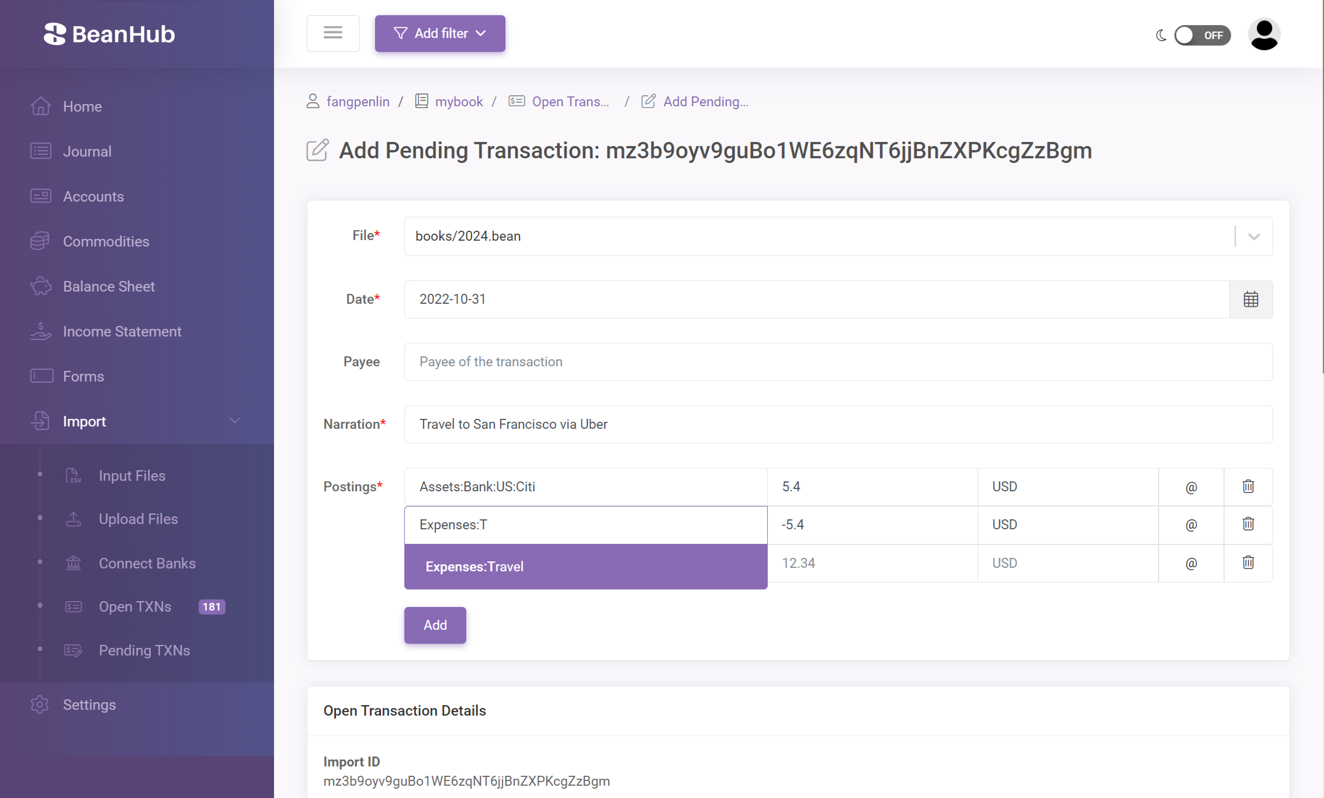 Pending Transaction form page