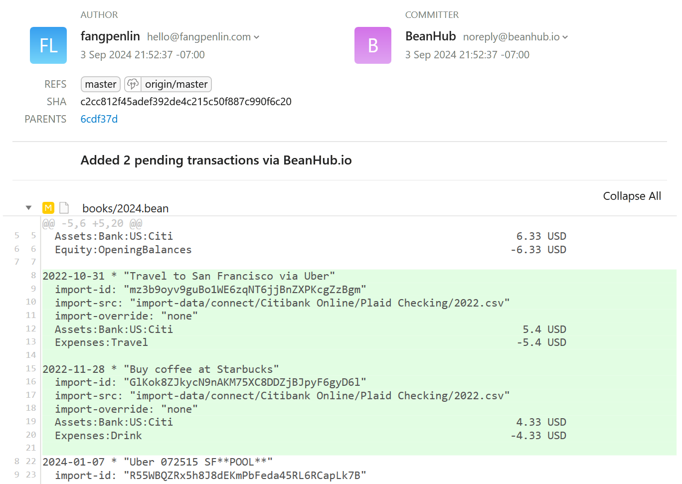 Git difference of the newly added transactions