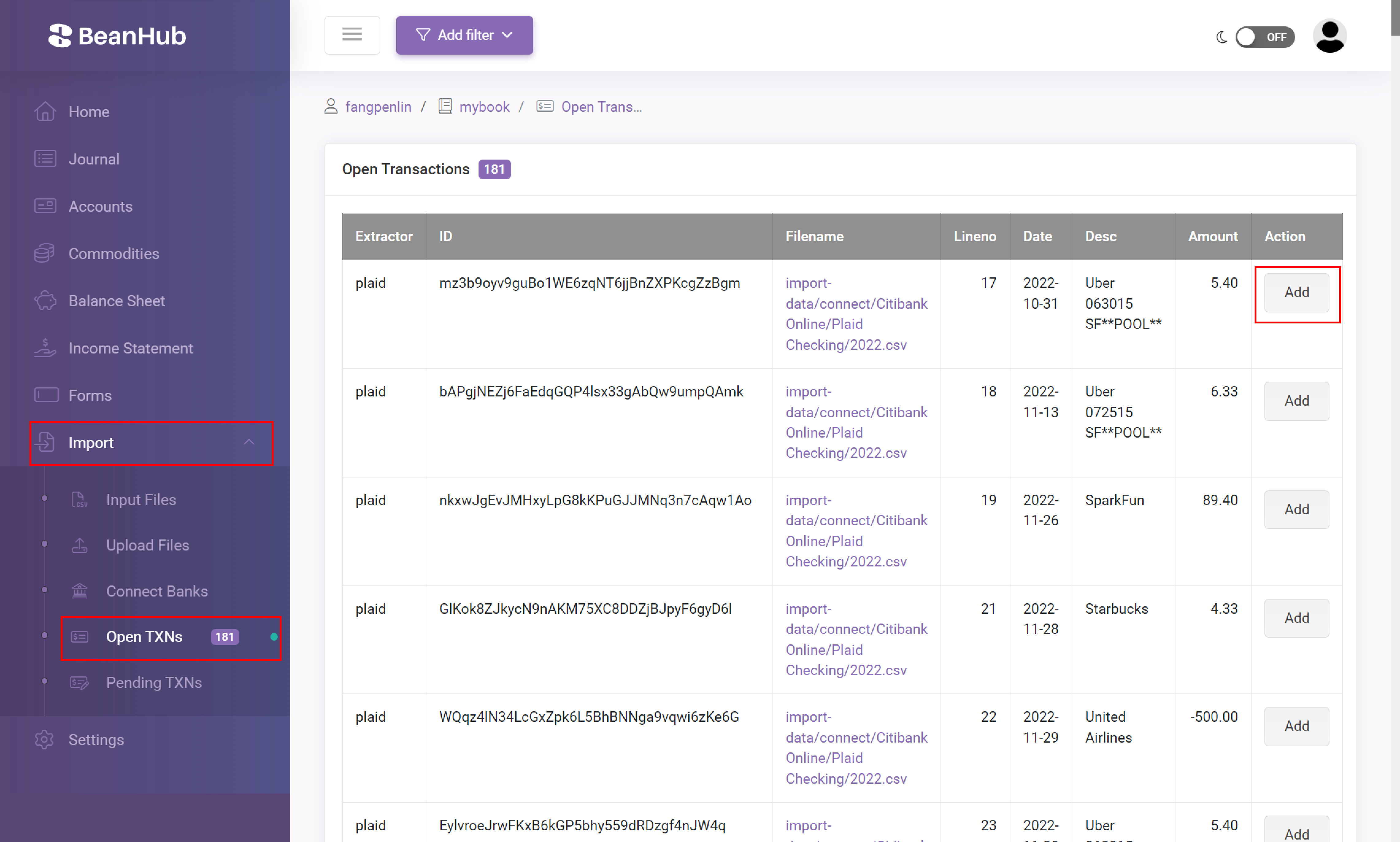 Open Transaction page of BeanHub Manual Import