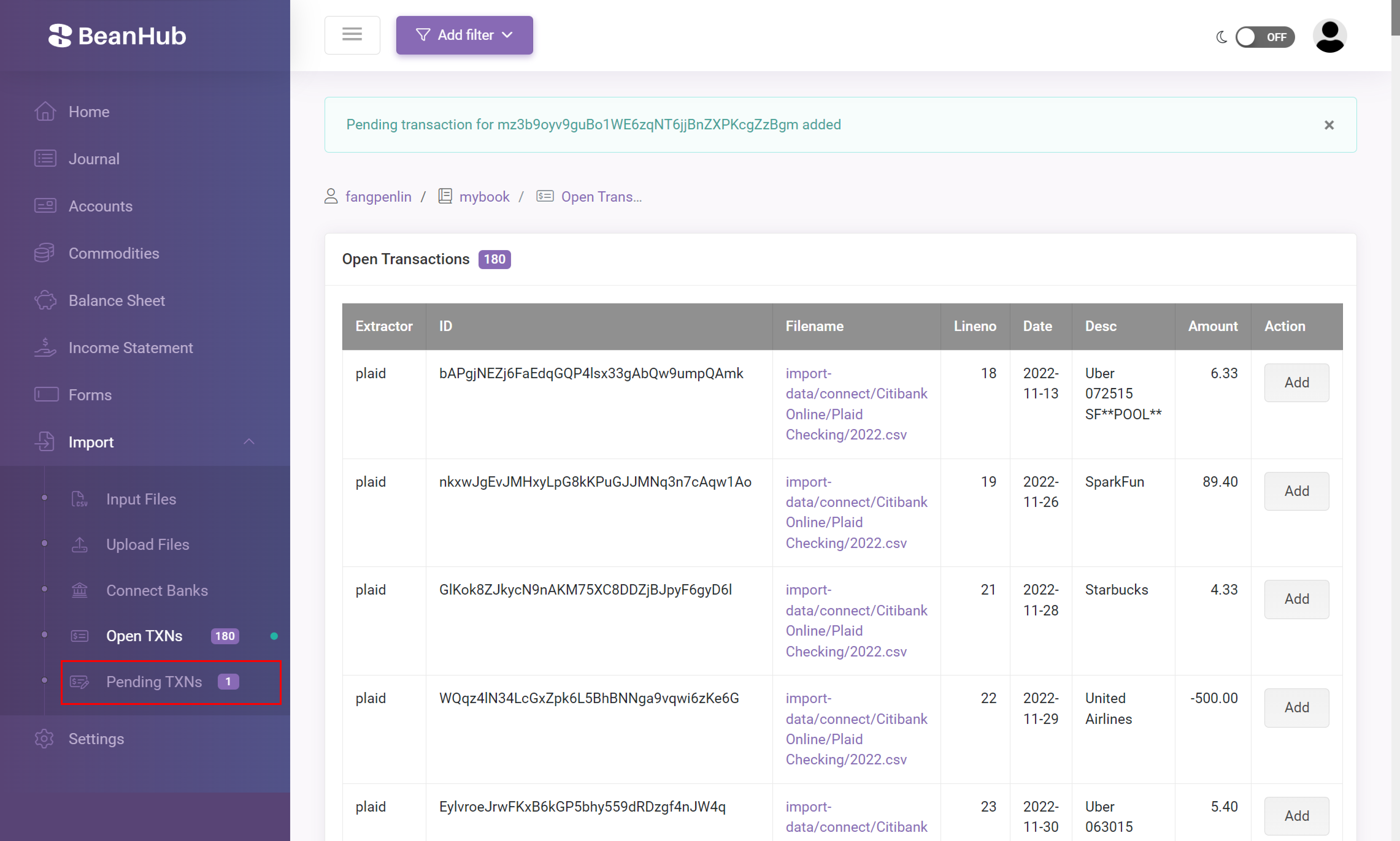 Pending Transaction form page