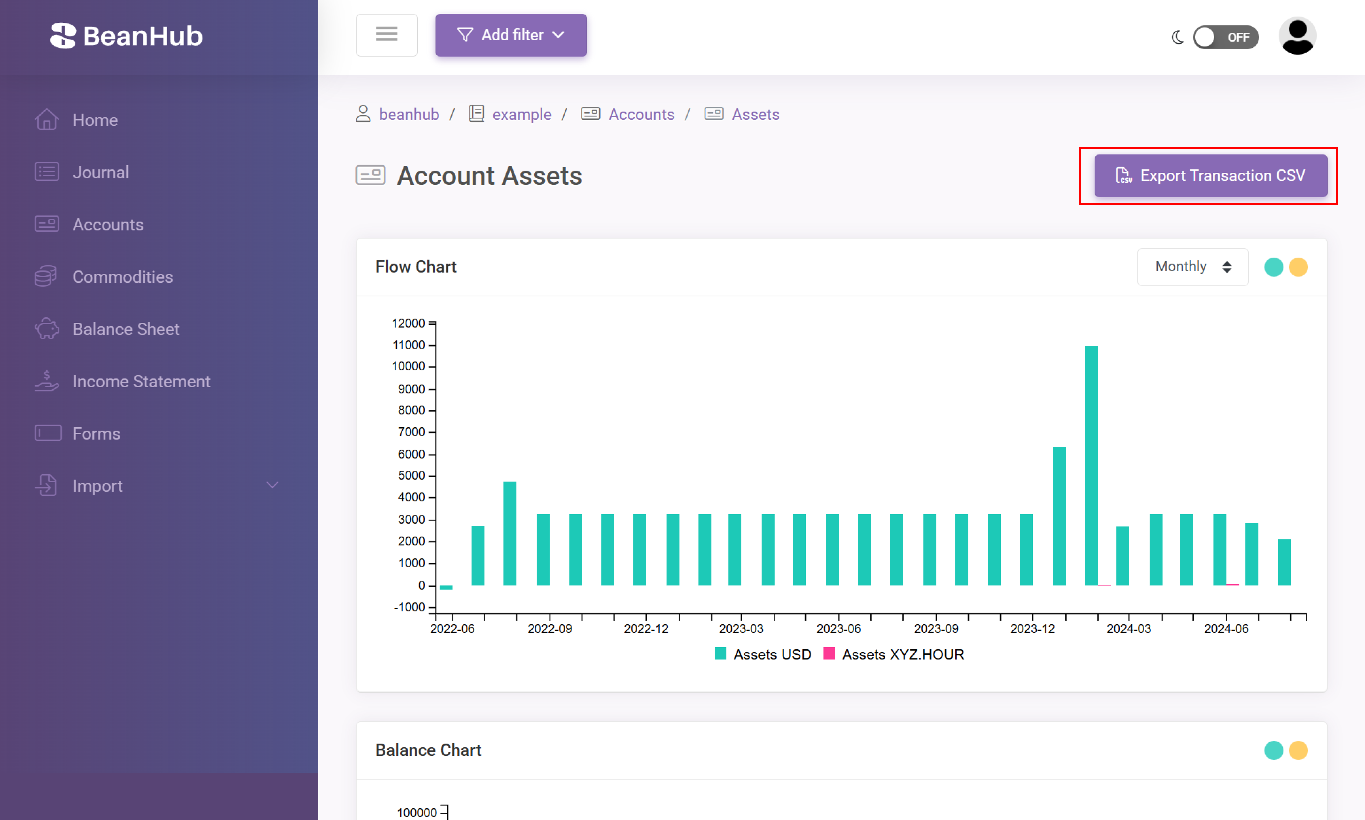 Screenshot of account CSV transactions export button