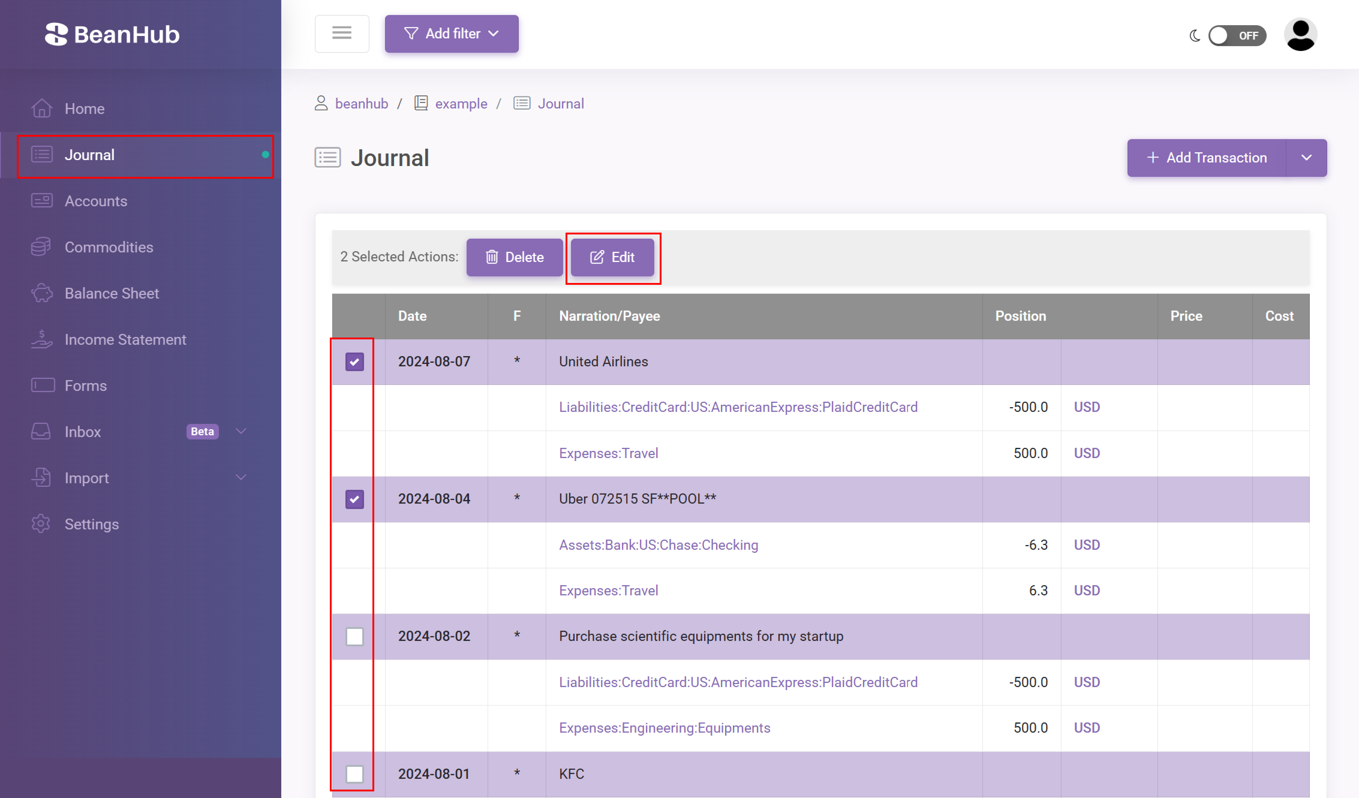 The screenshot of the journal page with the entry selected for edit