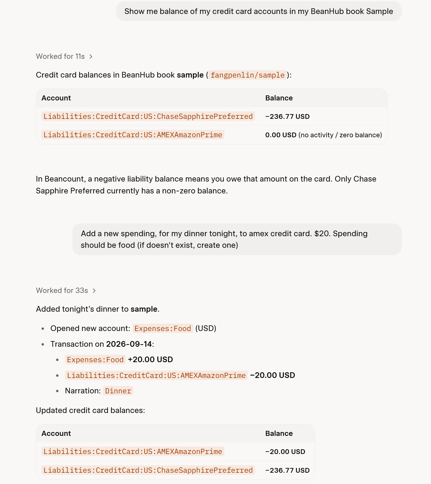 Grok chat showing credit card balances from a BeanHub book, then adding a $20 dinner to the Amex