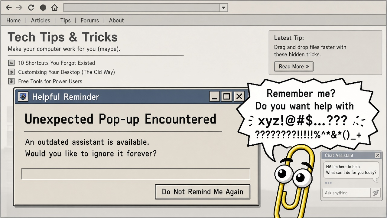 A paperclip assistant pops up over a webpage yelling Remember me? Do you want help with xyz!@#$...???