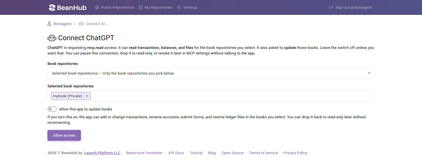BeanHub connect page for ChatGPT with mybook selected and Allow this app to update books turned off