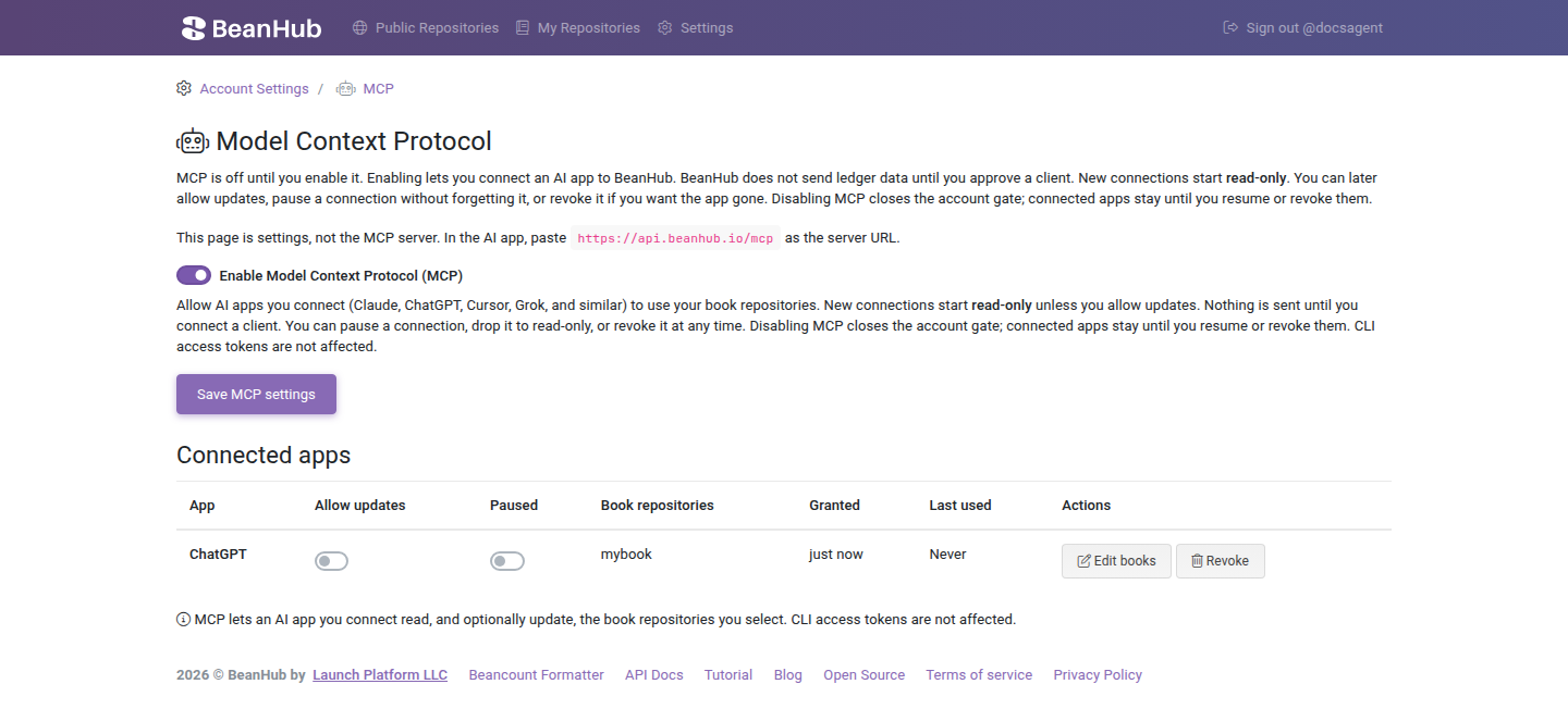 BeanHub MCP settings Connected apps table with ChatGPT, Allow updates off, Paused off, mybook, Edit books, and Revoke