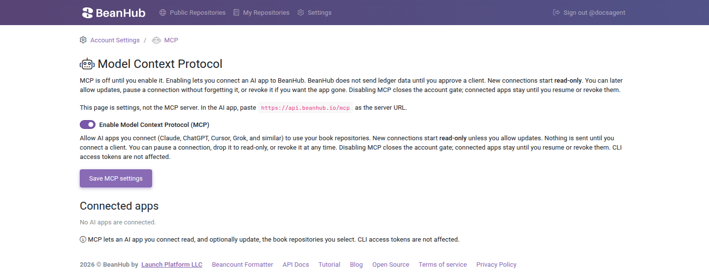 BeanHub MCP settings with Enable Model Context Protocol turned on and the server URL https://api.beanhub.io/mcp